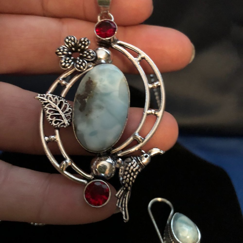 Handmade Stamped 925 Republic Larimar, Garnet Gemstone Necklace & Earring Set - Picture 2 of 7